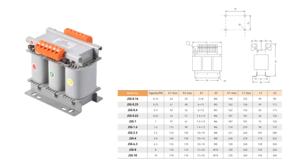 dry type transformer size chart